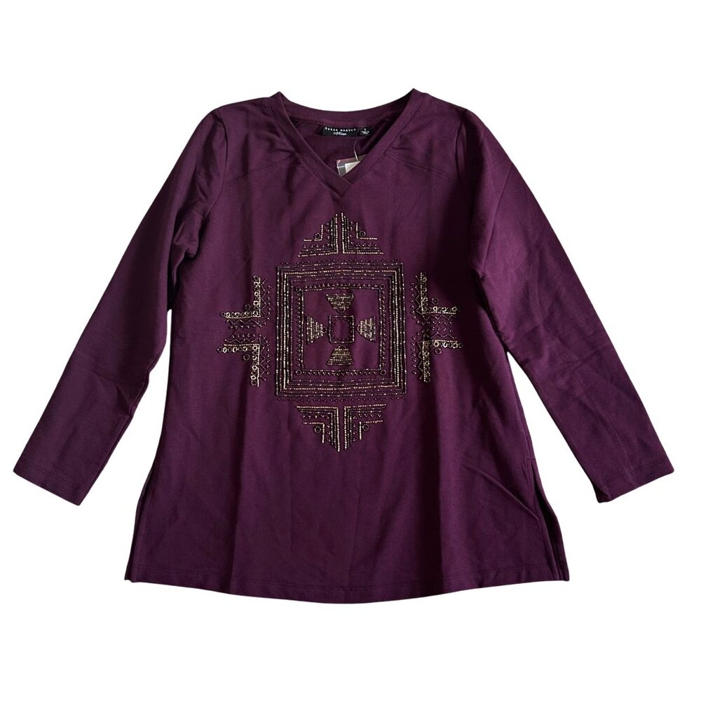 Susan Graver Artisan Small Long Sleeve V-Neck Shirt Beaded Geometric Design